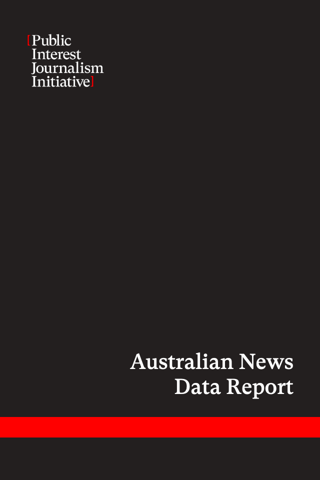 The front cover of the Australian News Data Report. A black rectangle with the Public Interest Journalism Initiative logo in the top left in white writing, white text that says Australian News Data Report towards the bottom right of the page, with a red line beneath it.
