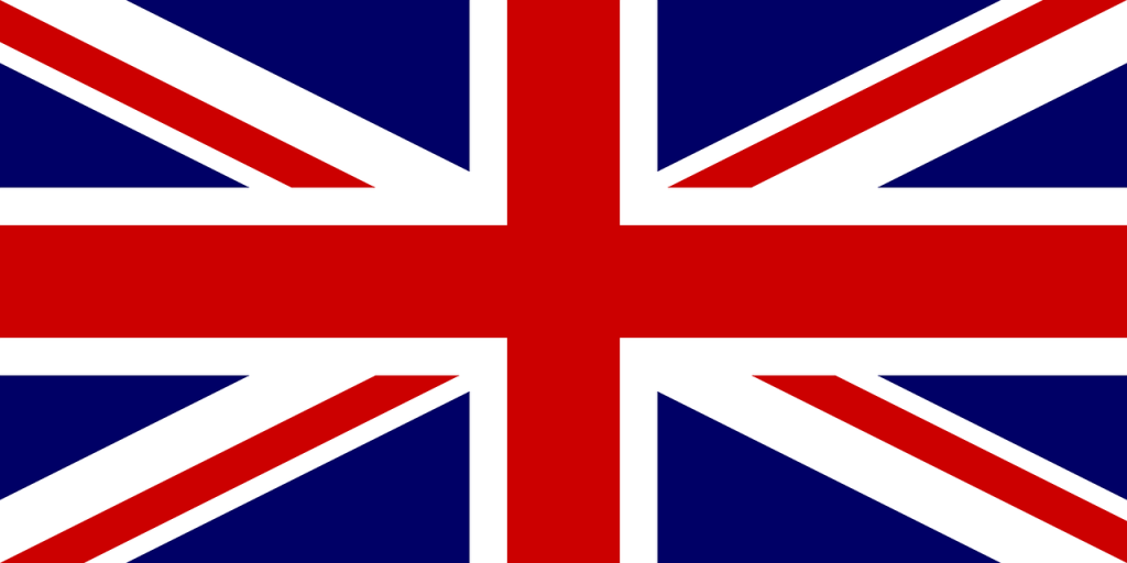 The flag of the United Kingdom: the Union Jack, a blue background with a red and white cross on it.