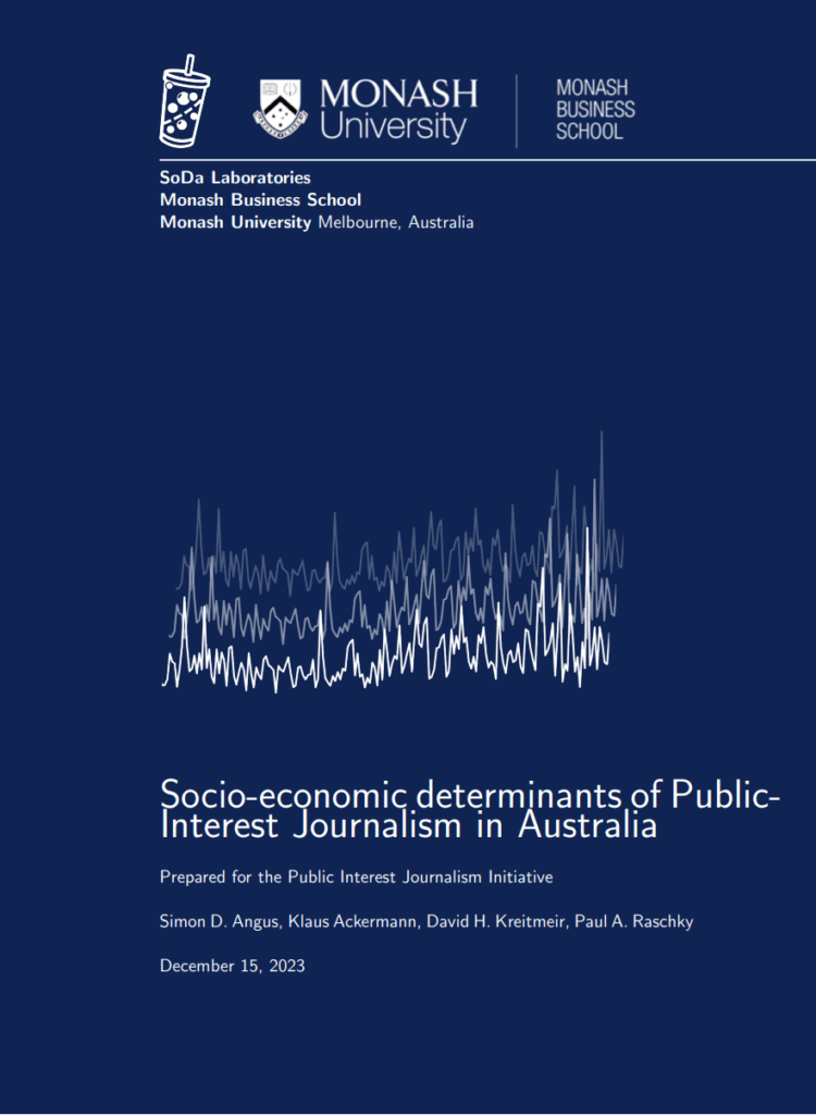 The front page of the socio-economic determinants of public interest journalism report, which is navy blue with white writing.