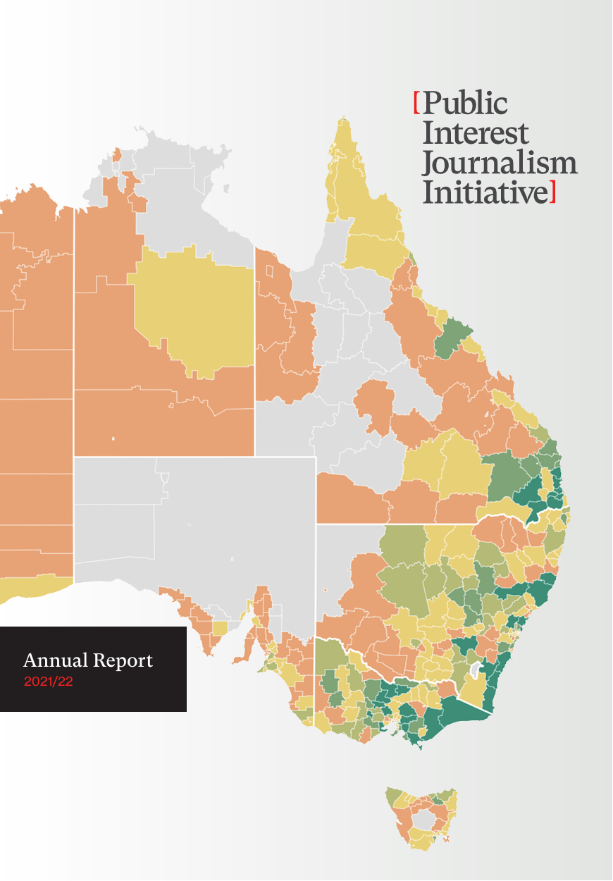 A thumbnail of a map of Australia with different parts coloured in different colours. In the top right corner is the Public Interest Journalism Initiative log and a black box on the left says Annual Report 2021-22