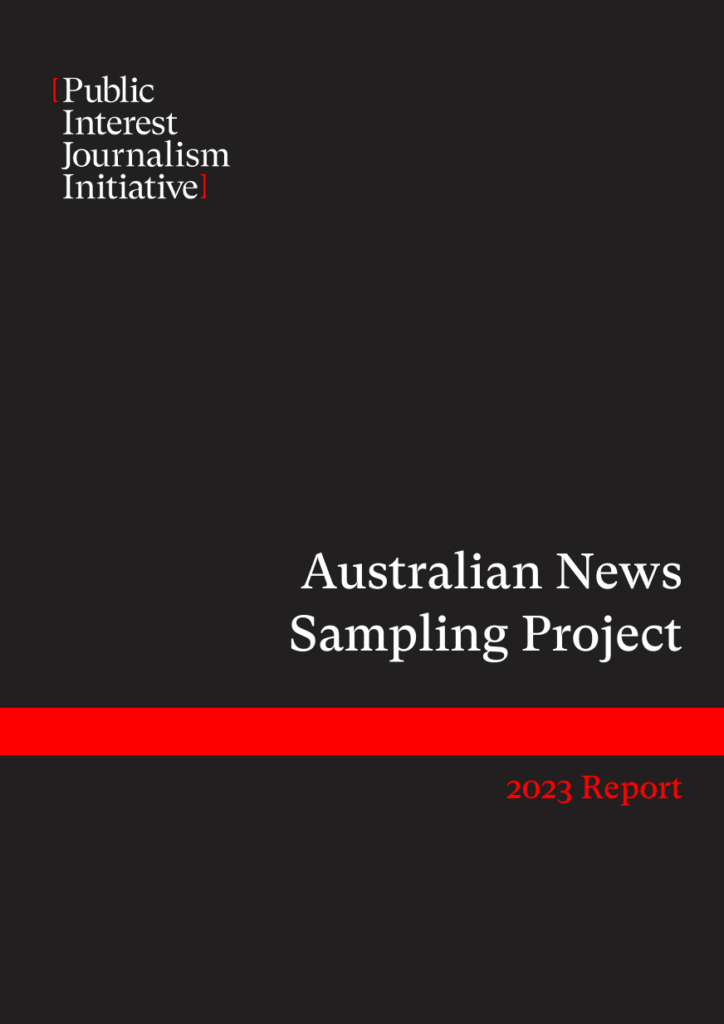 The front cover of the Australian News Sampling Project 2023 report: a black background with white text and red ribbon across the middle.